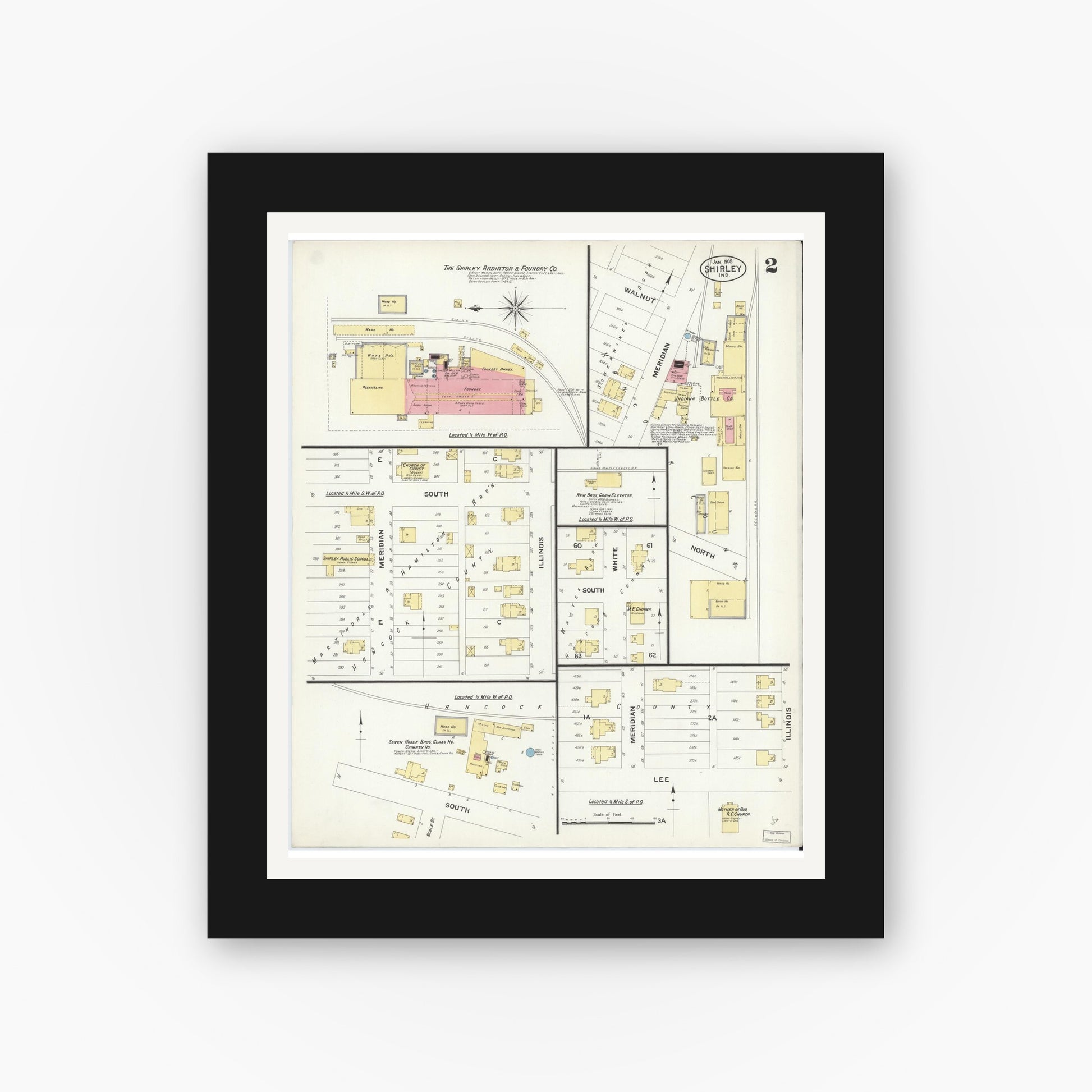 Old map wall art mockup — black gallery frame with white mat — Sanborn Fire Insurance Map from Shirley, Hancock And Henry Counties, Indiana (1908), Sheet #0002