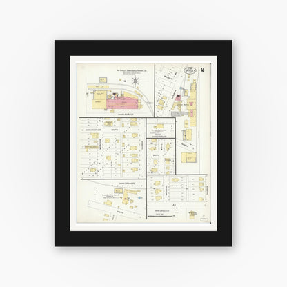Old map wall art mockup — black gallery frame with white mat — Sanborn Fire Insurance Map from Shirley, Hancock And Henry Counties, Indiana (1908), Sheet #0002