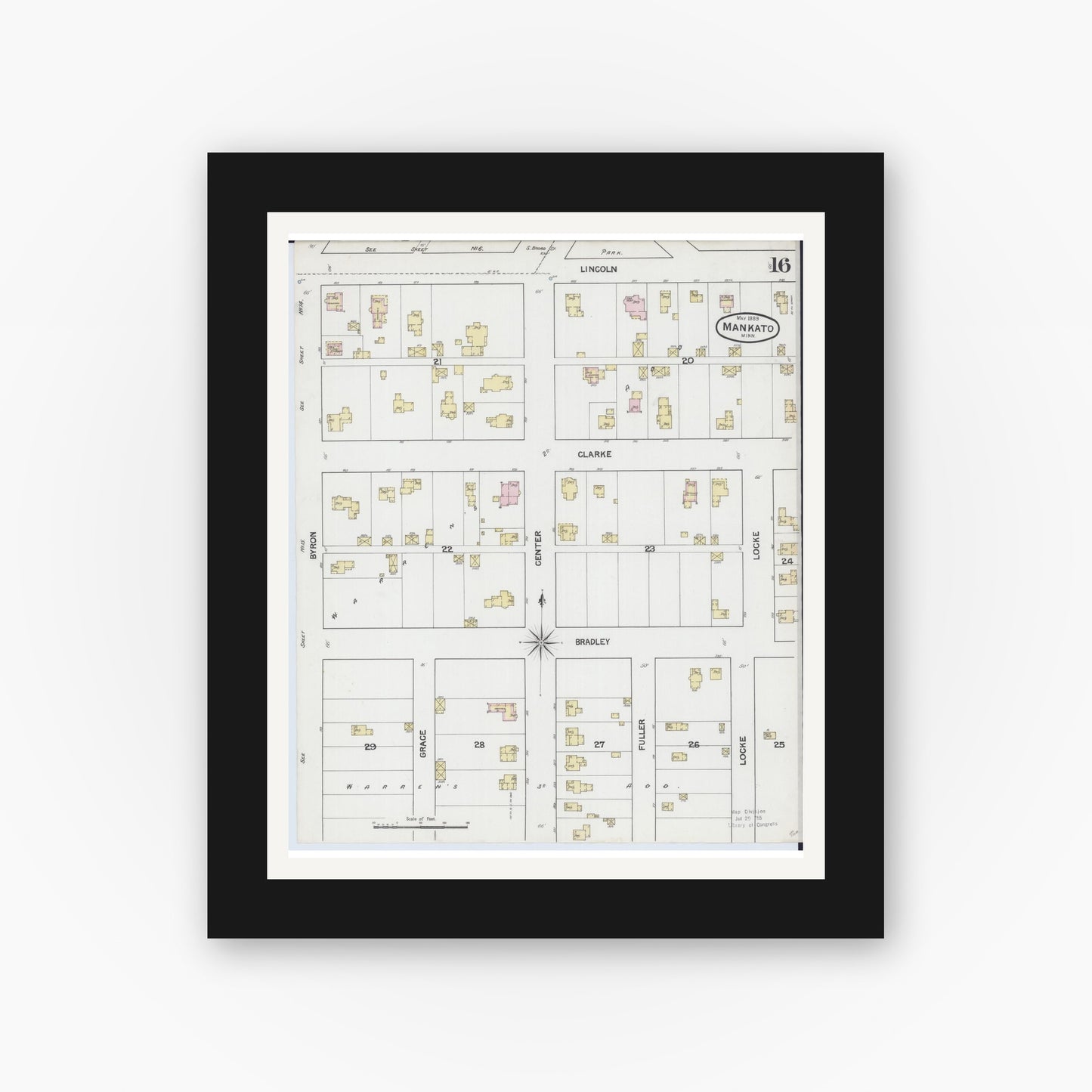 Old map wall art mockup — black gallery frame with white mat — Sanborn Fire Insurance Map from Mankato, Blue Earth County, Minnesota (1889), Sheet #0016