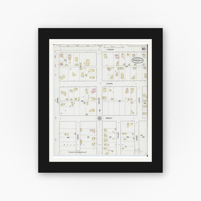Old map wall art mockup — black gallery frame with white mat — Sanborn Fire Insurance Map from Mankato, Blue Earth County, Minnesota (1889), Sheet #0016