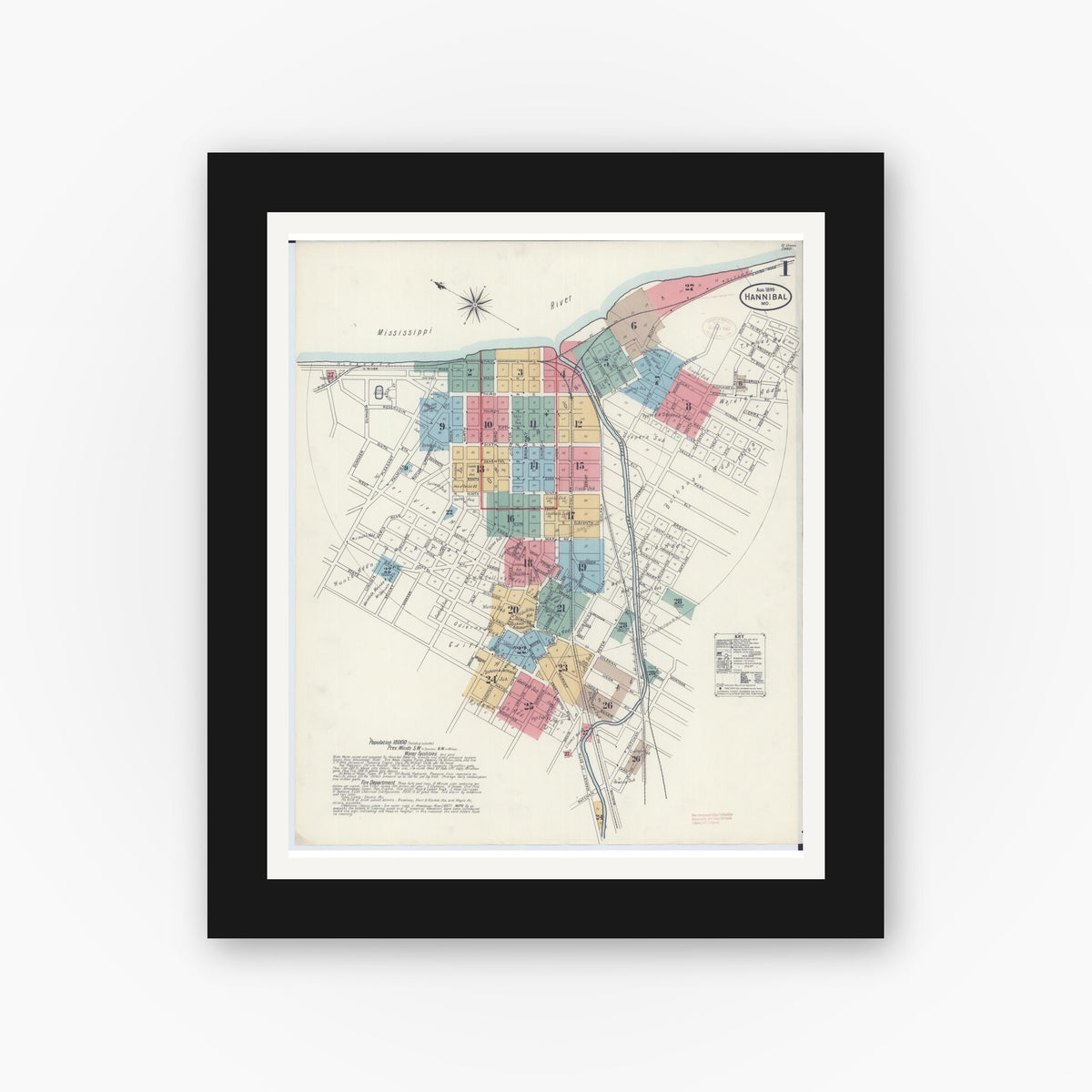 Old map wall art mockup — black gallery frame with white mat — Sanborn Fire Insurance Map from Hannibal, Marion County, Missouri (1899) - Complete Map Set