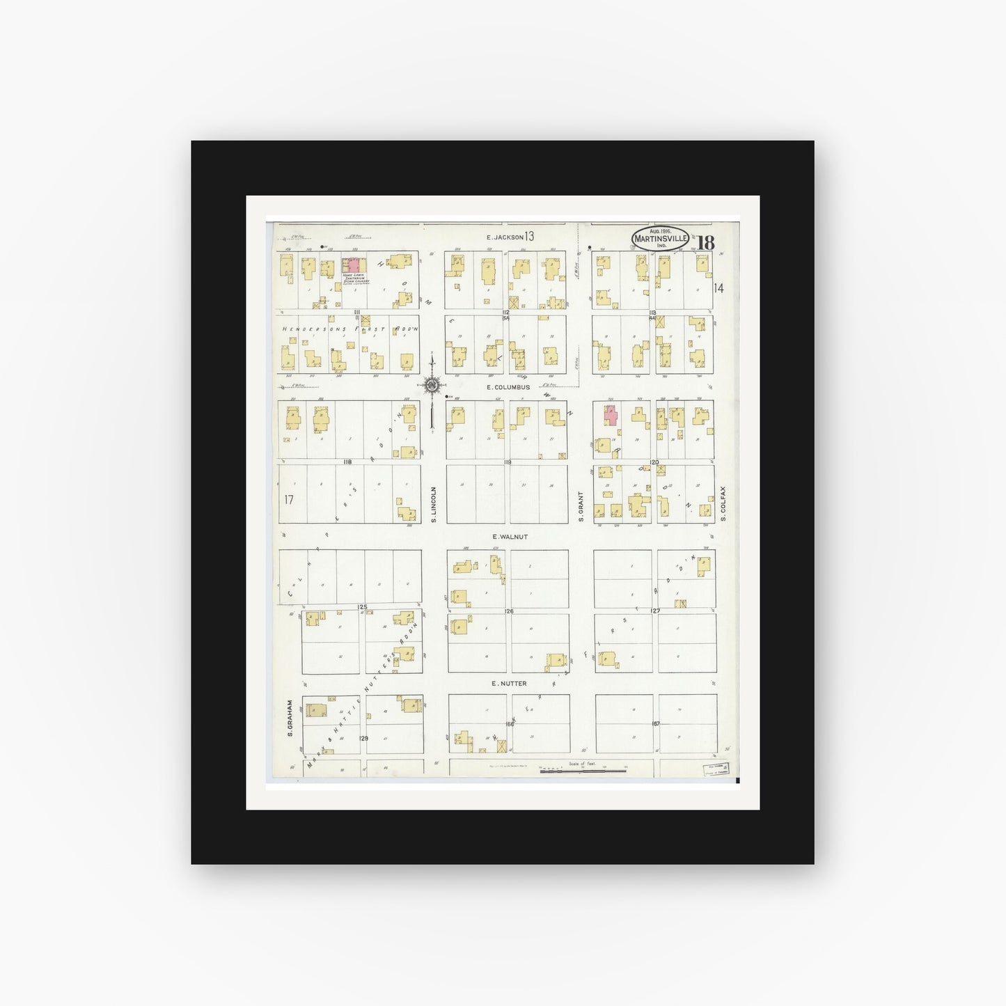 Old map wall art mockup — black gallery frame with white mat — Sanborn Fire Insurance Map from Martinsville, Morgan County, Indiana (1916), Sheet #0018