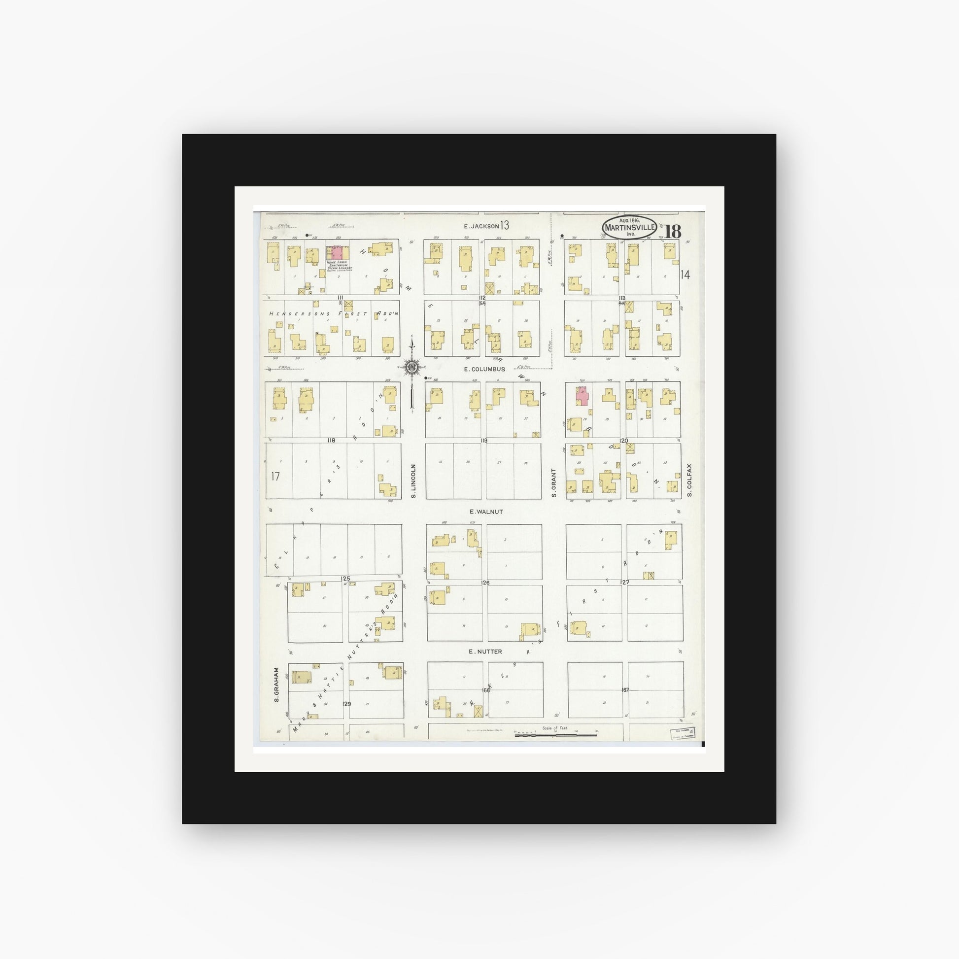 Old map wall art mockup — black gallery frame with white mat — Sanborn Fire Insurance Map from Martinsville, Morgan County, Indiana (1916), Sheet #0018