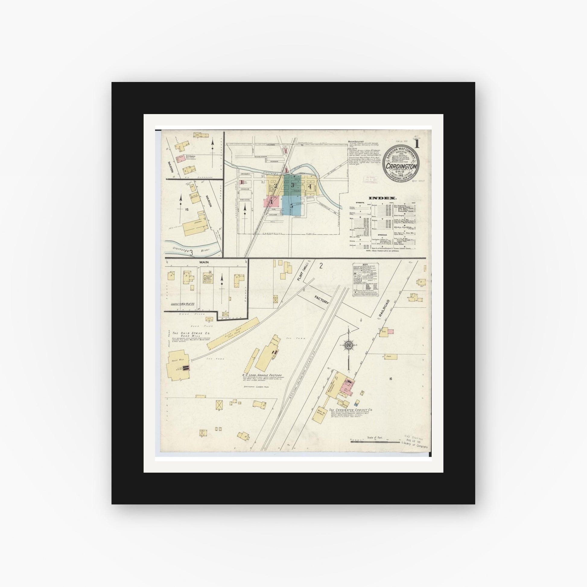 Old map wall art mockup — black gallery frame with white mat — Sanborn Fire Insurance Map from Cardington, Morrow County, Ohio (1912) - Complete Map Set