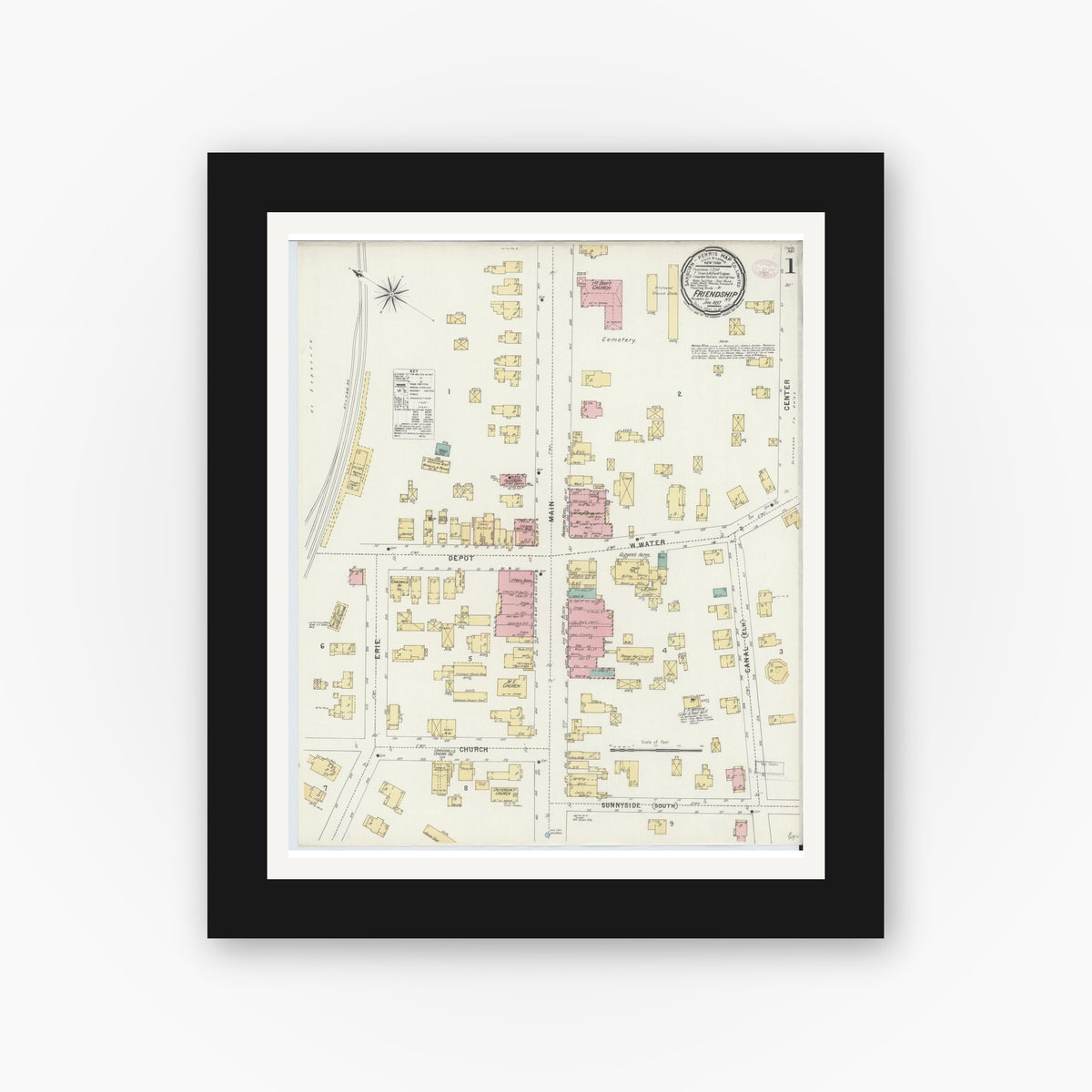 Old map wall art mockup — black gallery frame with white mat — Sanborn Fire Insurance Map from Friendship, Allegany County, New York (1897) - Complete Map Set