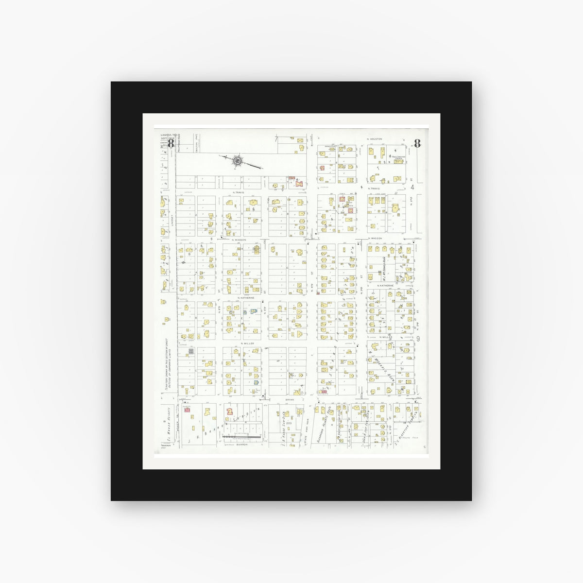 Old map wall art mockup — black gallery frame with white mat — Sanborn Fire Insurance Map from Lamesa, Dawson County, Texas (1939), Sheet #0008
