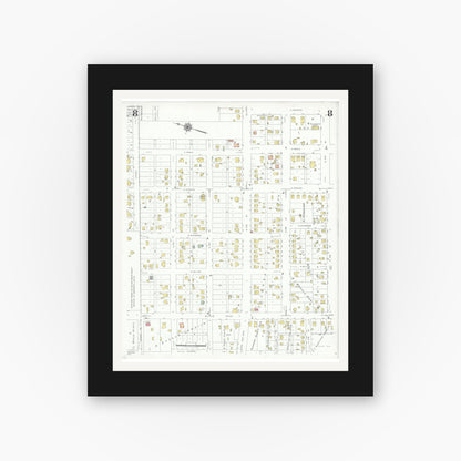 Old map wall art mockup — black gallery frame with white mat — Sanborn Fire Insurance Map from Lamesa, Dawson County, Texas (1939), Sheet #0008