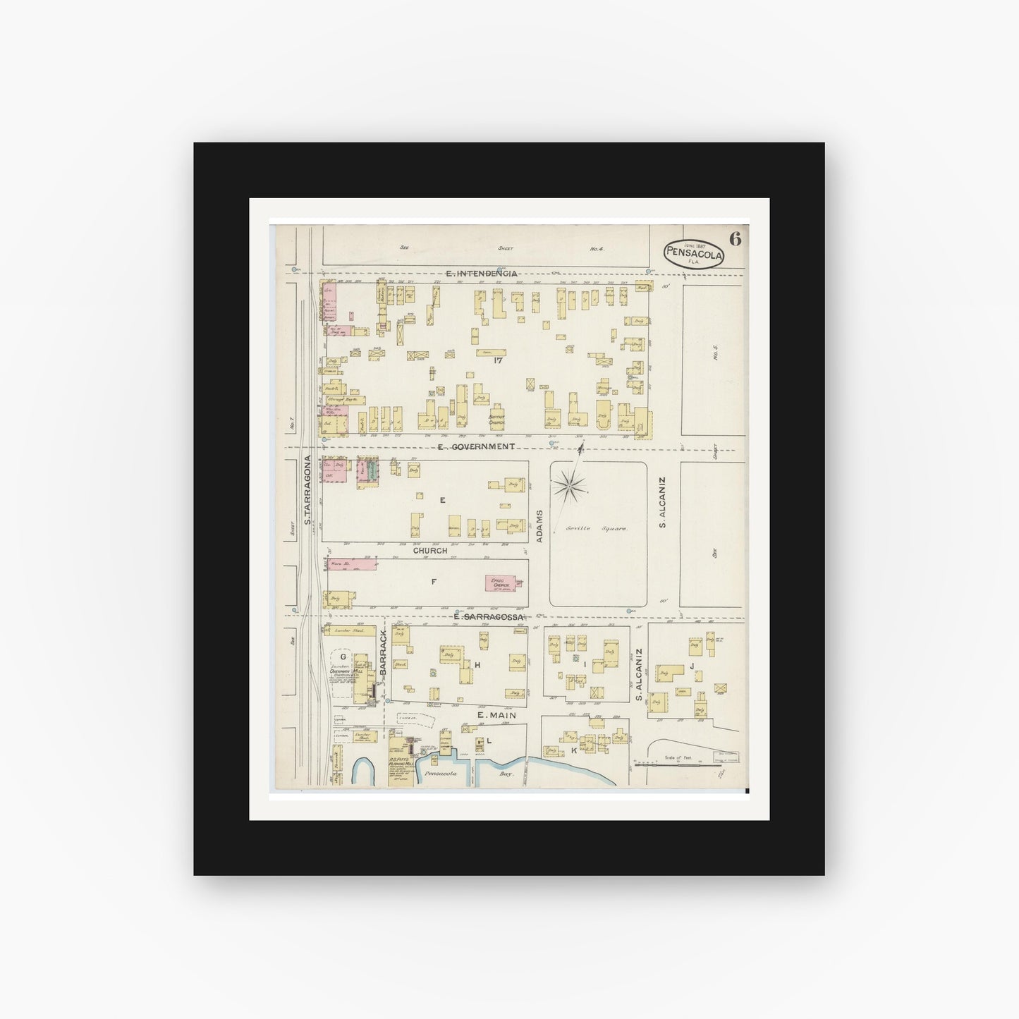 Old map wall art mockup — black gallery frame with white mat — Sanborn Fire Insurance Map from Pensacola, Escambia County, Florida (1887), Sheet #0006