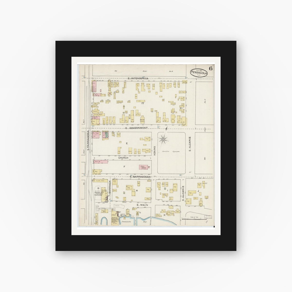 Old map wall art mockup — black gallery frame with white mat — Sanborn Fire Insurance Map from Pensacola, Escambia County, Florida (1887), Sheet #0006