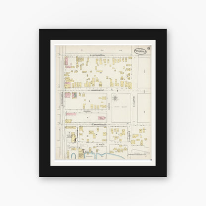 Old map wall art mockup — black gallery frame with white mat — Sanborn Fire Insurance Map from Pensacola, Escambia County, Florida (1887), Sheet #0006