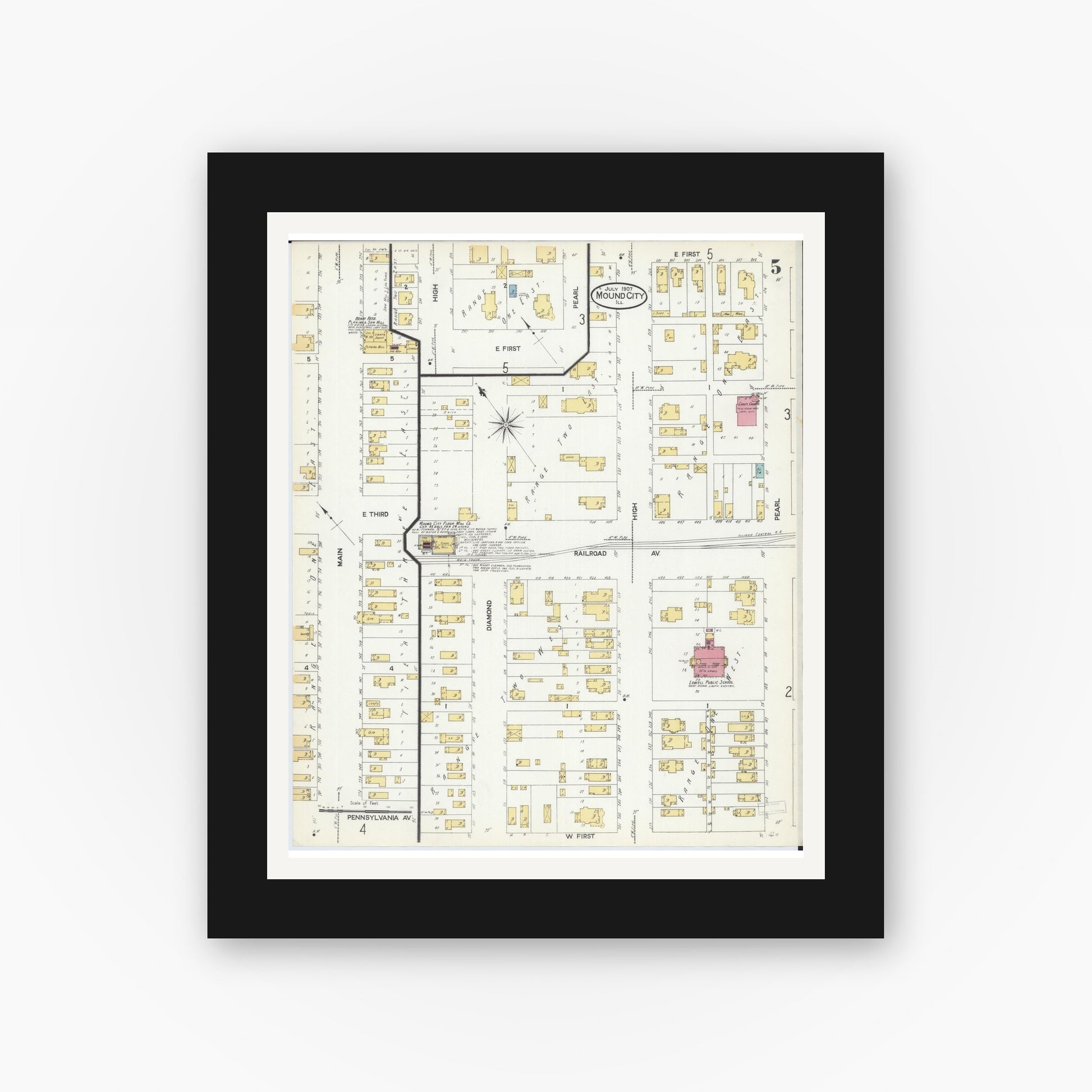 Old map wall art mockup — black gallery frame with white mat — Sanborn Fire Insurance Map from Mound City, Pulaski County, Illinois (1907), Sheet #0005