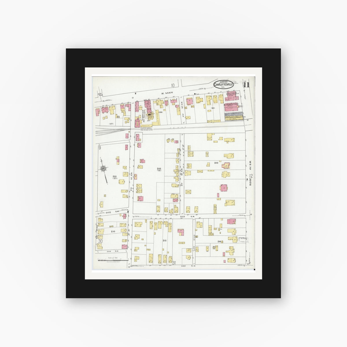 Old map wall art mockup — black gallery frame with white mat — Sanborn Fire Insurance Map from Charlottesville, Independent Cities, Virginia (1920), Sheet #0011