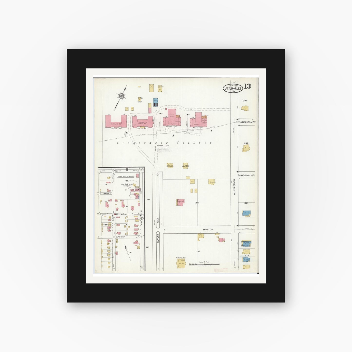Old map wall art mockup — black gallery frame with white mat — Sanborn Fire Insurance Map from Saint Charles, Saint Charles County, Missouri (1917), Sheet #0013