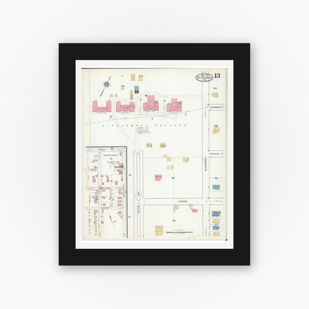 Old map wall art mockup — black gallery frame with white mat — Sanborn Fire Insurance Map from Saint Charles, Saint Charles County, Missouri (1917), Sheet #0013