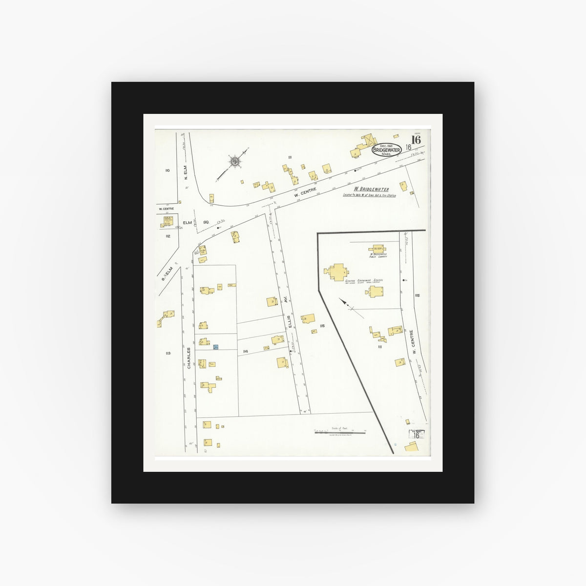 Old map wall art mockup — black gallery frame with white mat — Sanborn Fire Insurance Map from Bridgewater, Plymouth County, Massachusetts (1921), Sheet #0016