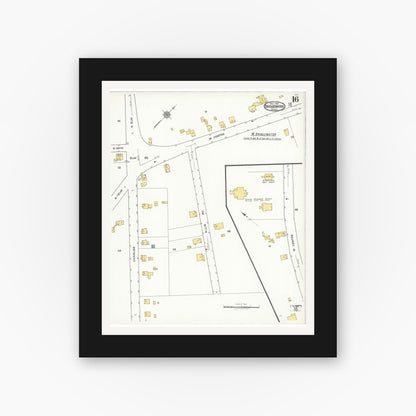 Old map wall art mockup — black gallery frame with white mat — Sanborn Fire Insurance Map from Bridgewater, Plymouth County, Massachusetts (1921), Sheet #0016