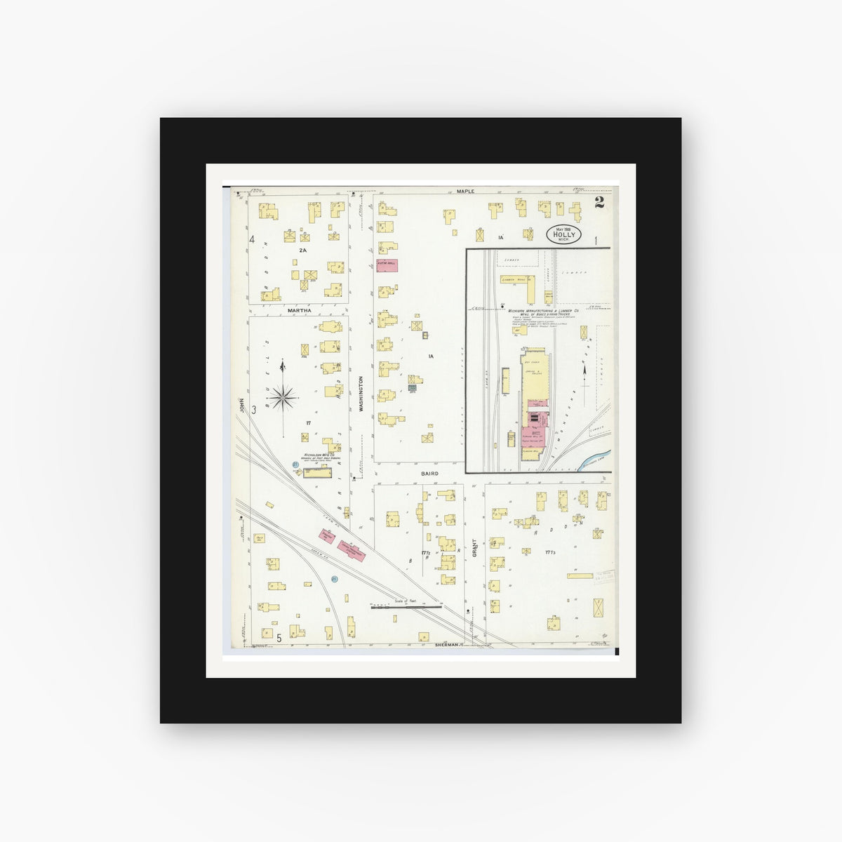 Old map wall art mockup — black gallery frame with white mat — Sanborn Fire Insurance Map from Holly, Oakland County, Michigan (1908), Sheet #0002