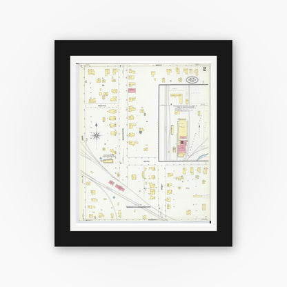 Old map wall art mockup — black gallery frame with white mat — Sanborn Fire Insurance Map from Holly, Oakland County, Michigan (1908), Sheet #0002