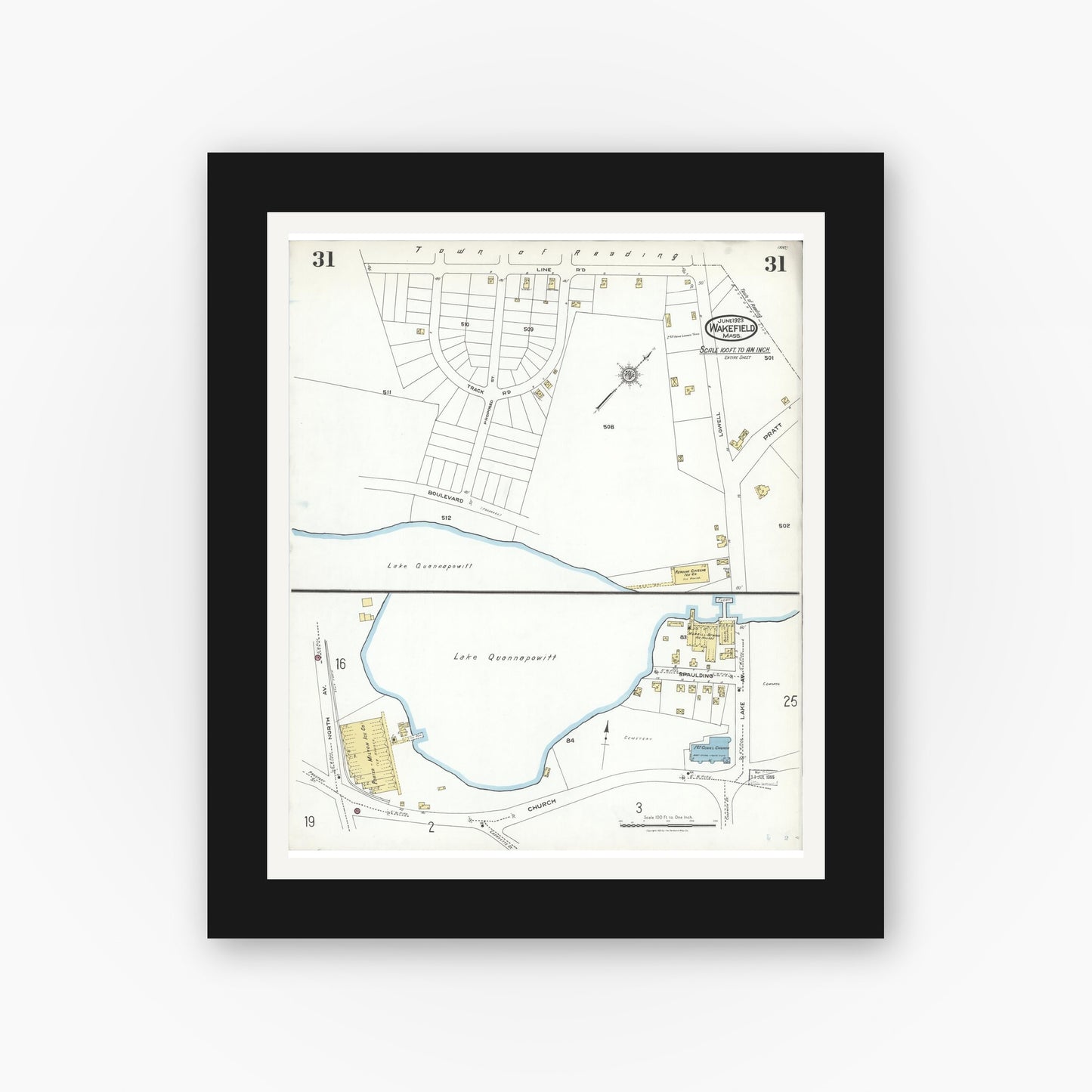 Old map wall art mockup — black gallery frame with white mat — Sanborn Fire Insurance Map from Wakefield, Middlesex County, Massachusetts (1923), Sheet #0031