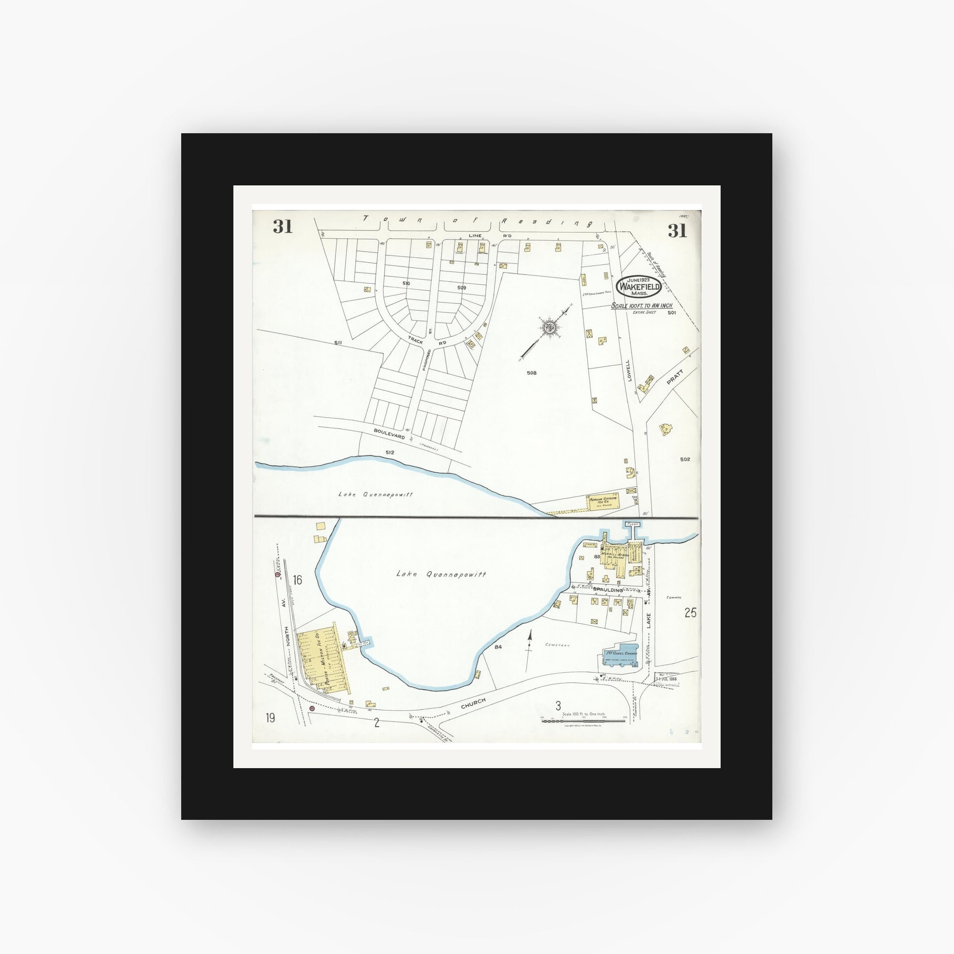 Old map wall art mockup — black gallery frame with white mat — Sanborn Fire Insurance Map from Wakefield, Middlesex County, Massachusetts (1923), Sheet #0031