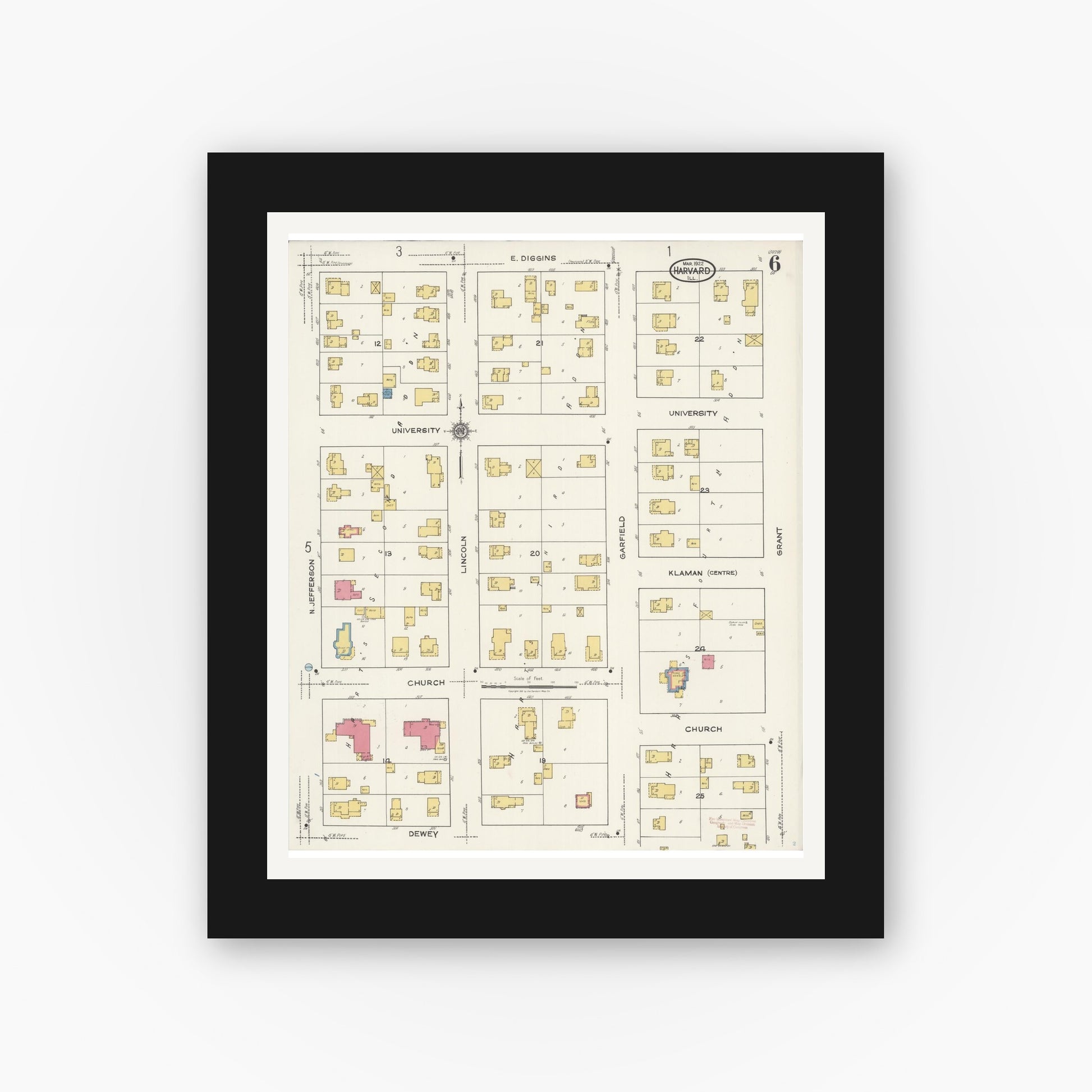 Old map wall art mockup — black gallery frame with white mat — Sanborn Fire Insurance Map from Harvard, McHenry County, Illinois (1922), Sheet #0006