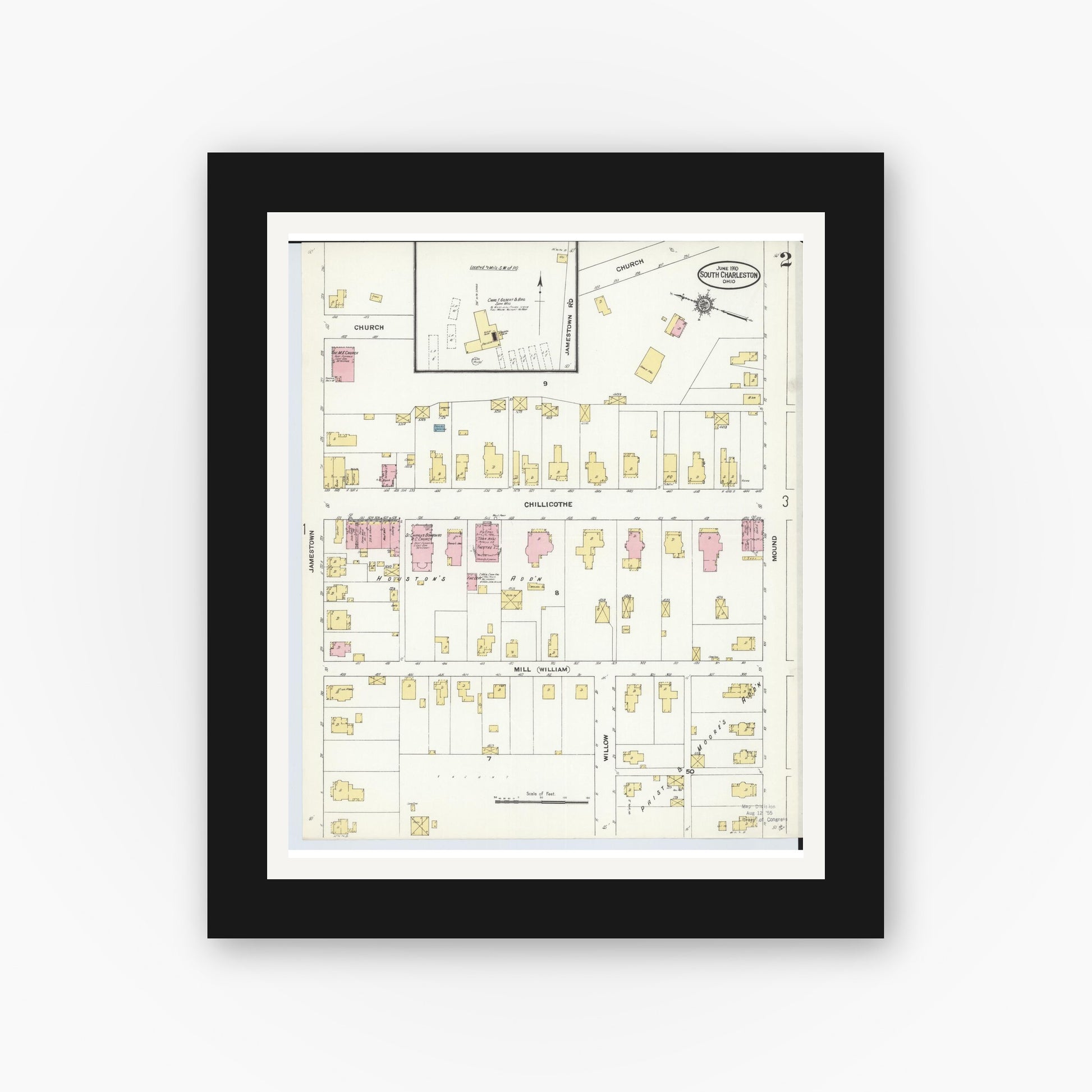 Old map wall art mockup — black gallery frame with white mat — Sanborn Fire Insurance Map from South Charleston, Clark County, Ohio (1910), Sheet #0002