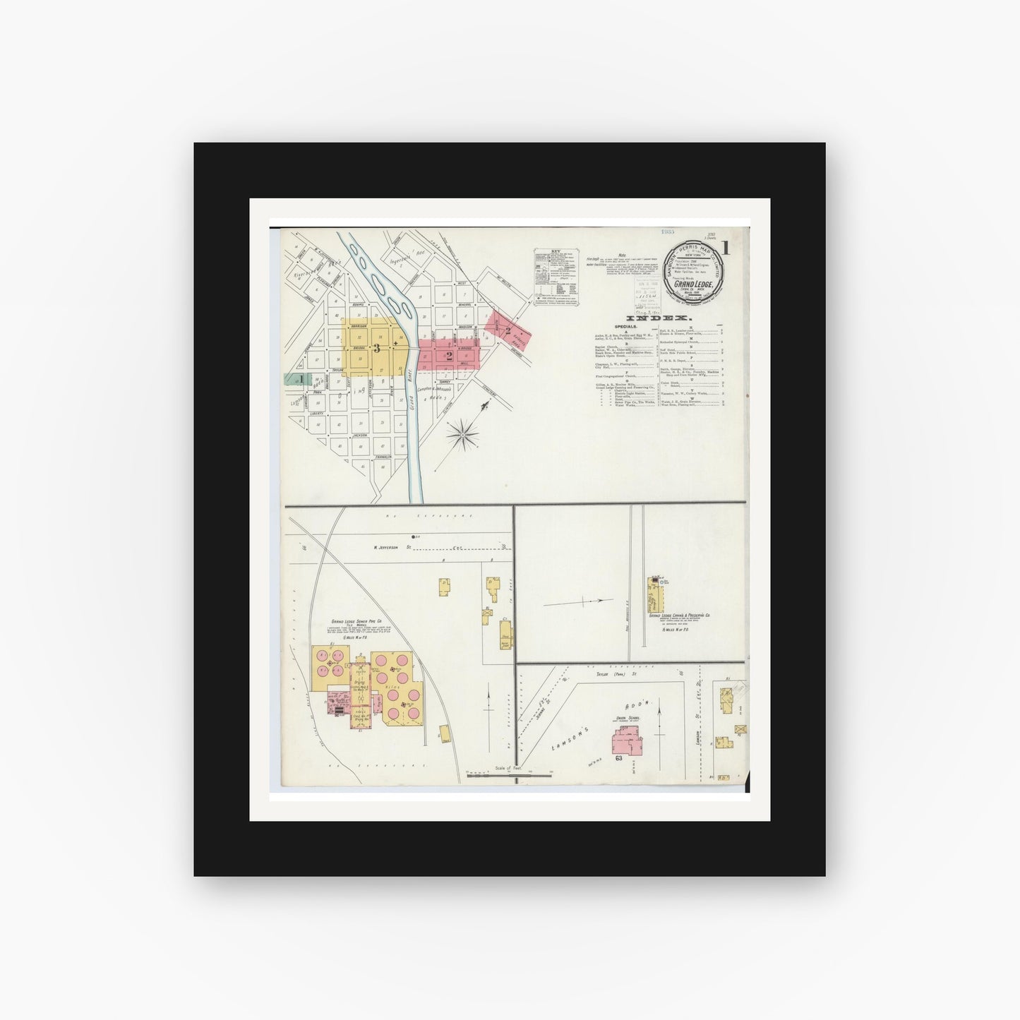 Old map wall art mockup — black gallery frame with white mat — Sanborn Fire Insurance Map from Grand Ledge, Eaton County, Michigan (1900) - Complete Map Set
