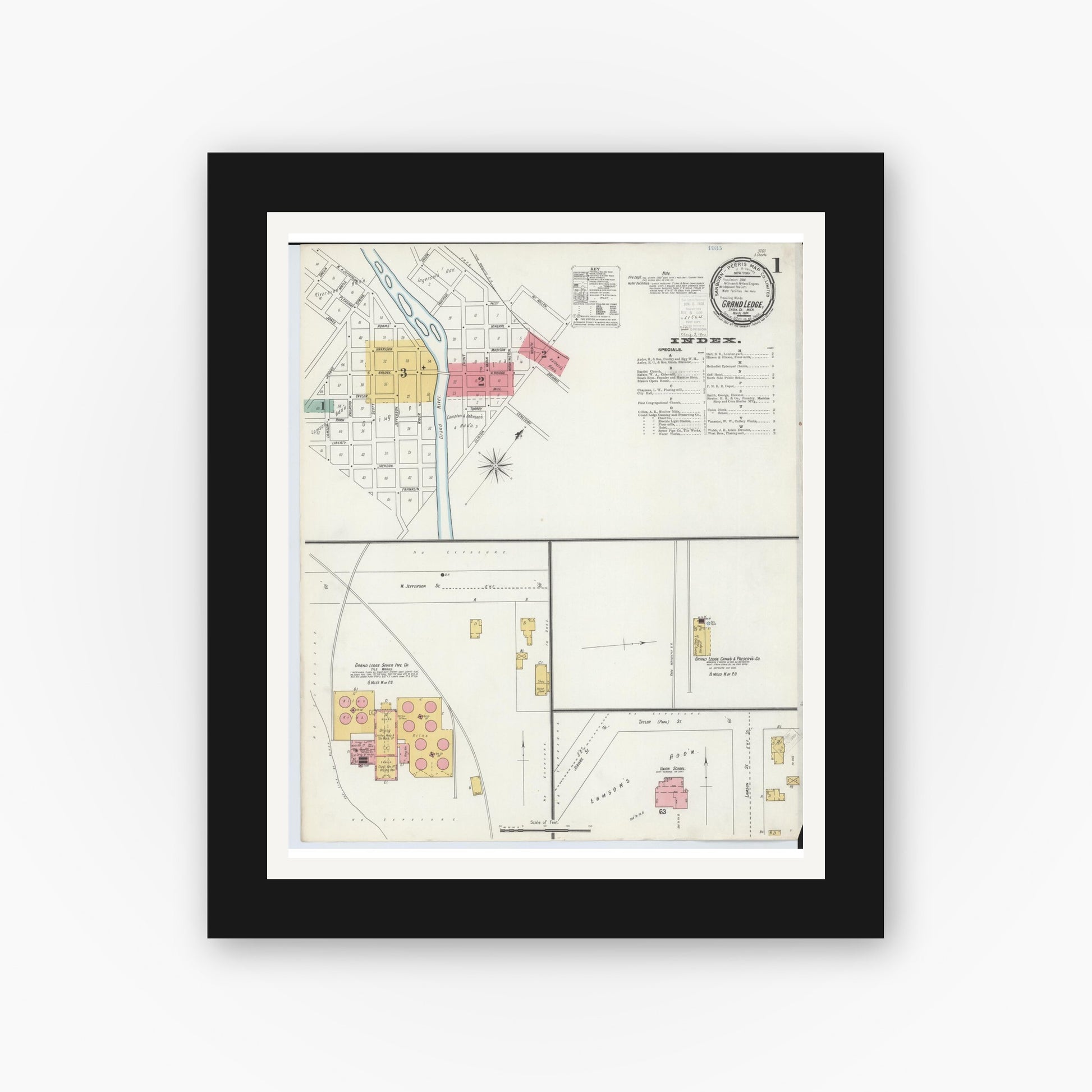 Old map wall art mockup — black gallery frame with white mat — Sanborn Fire Insurance Map from Grand Ledge, Eaton County, Michigan (1900) - Complete Map Set