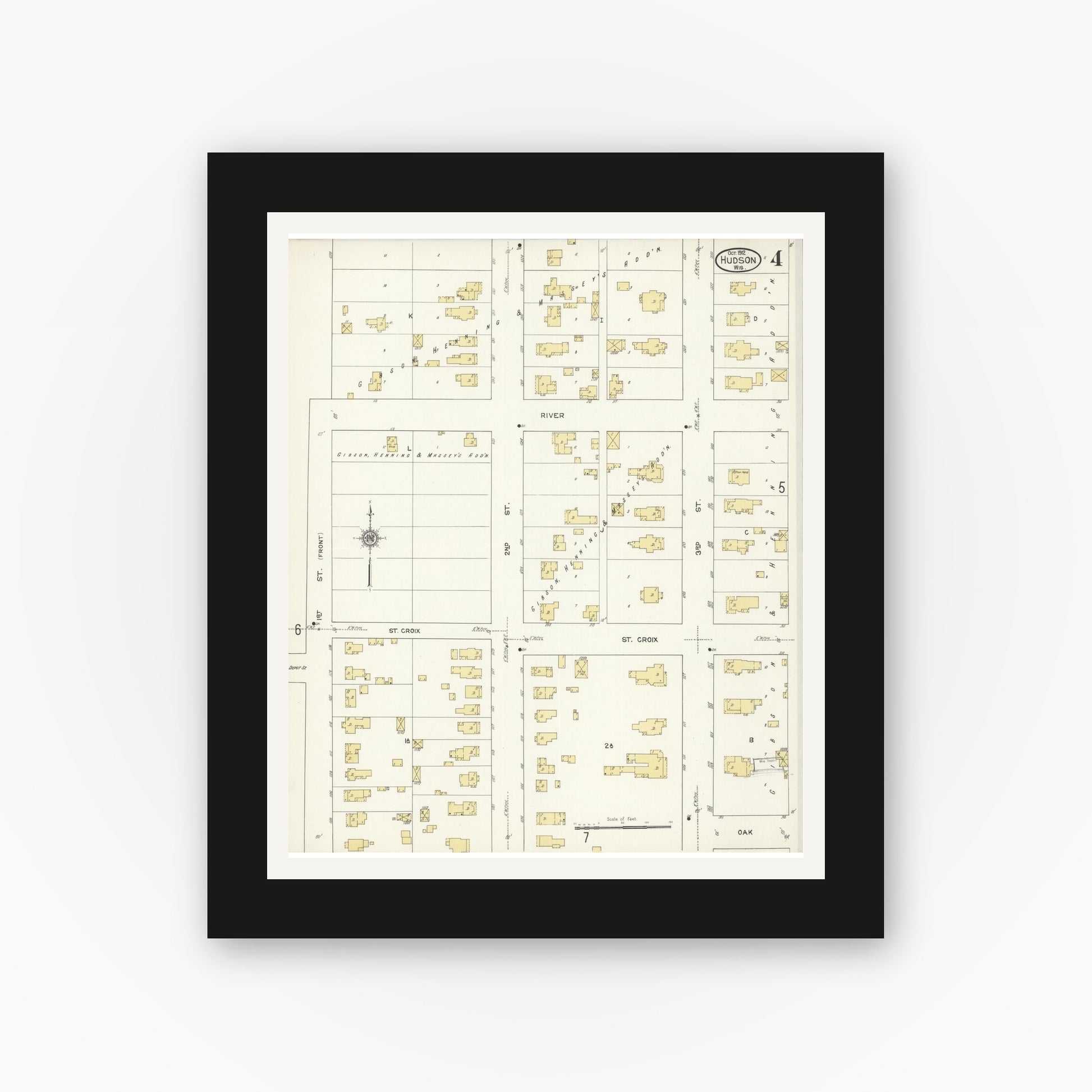 Old map wall art mockup — black gallery frame with white mat — Sanborn Fire Insurance Map from Hudson, St. Croix County, Wisconsin (1912), Sheet #0004