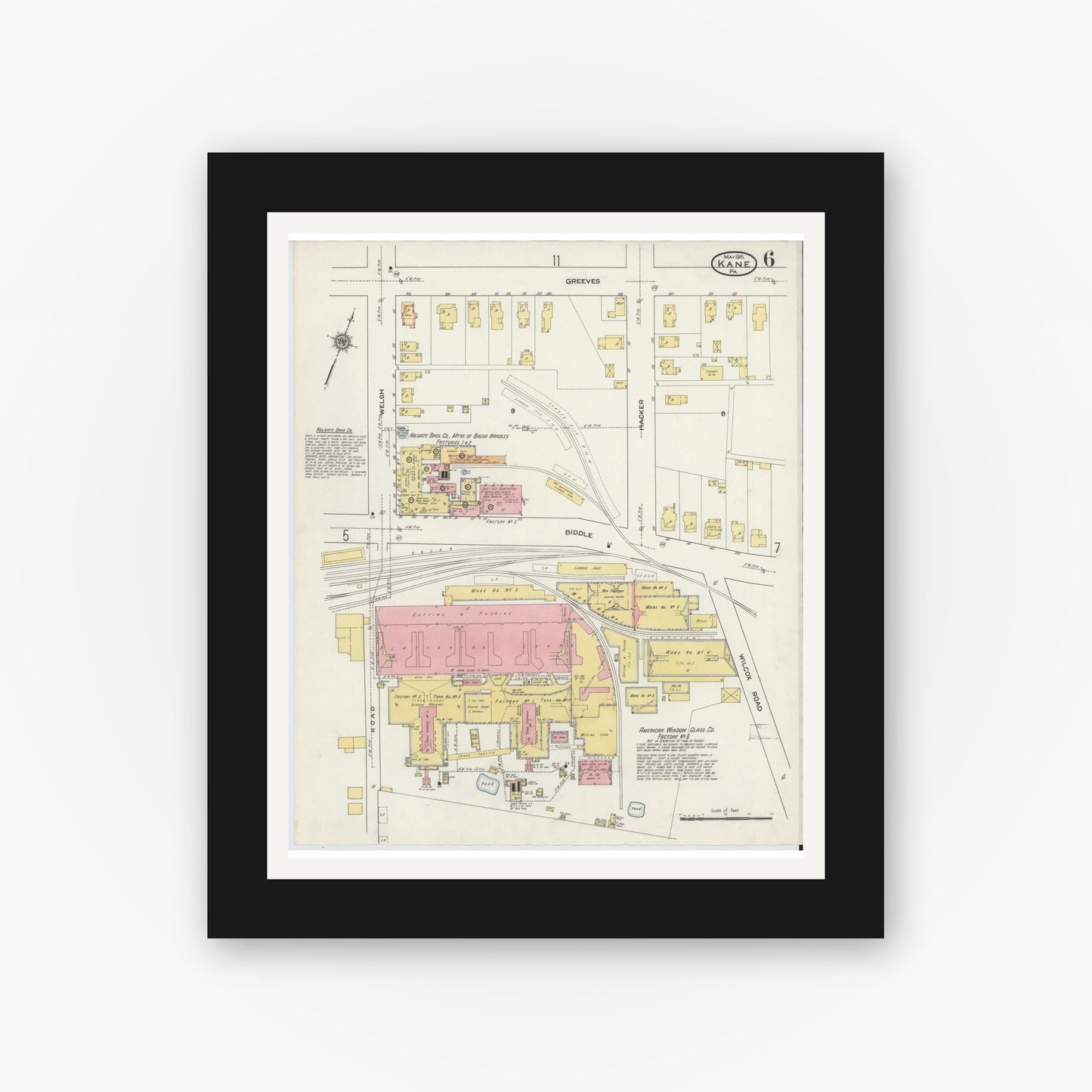 Old map wall art mockup — black gallery frame with white mat — Sanborn Fire Insurance Map from Kane, McKean County, Pennsylvania (1915), Sheet #0006