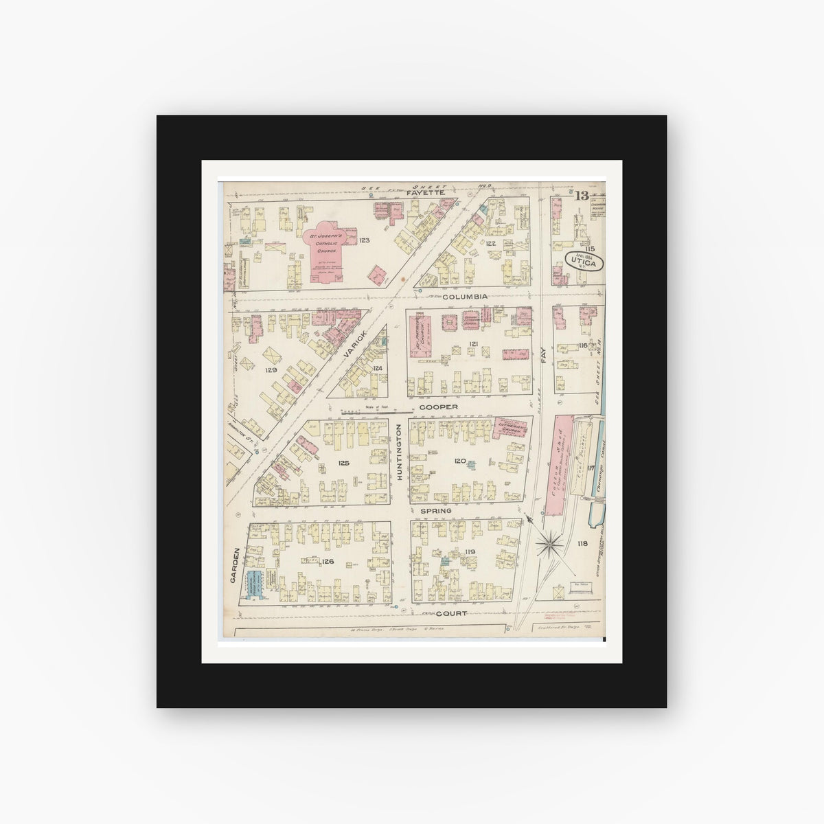 Old map wall art mockup — black gallery frame with white mat — Sanborn Fire Insurance Map from Utica, Oneida County, New York (1884), Sheet #0013