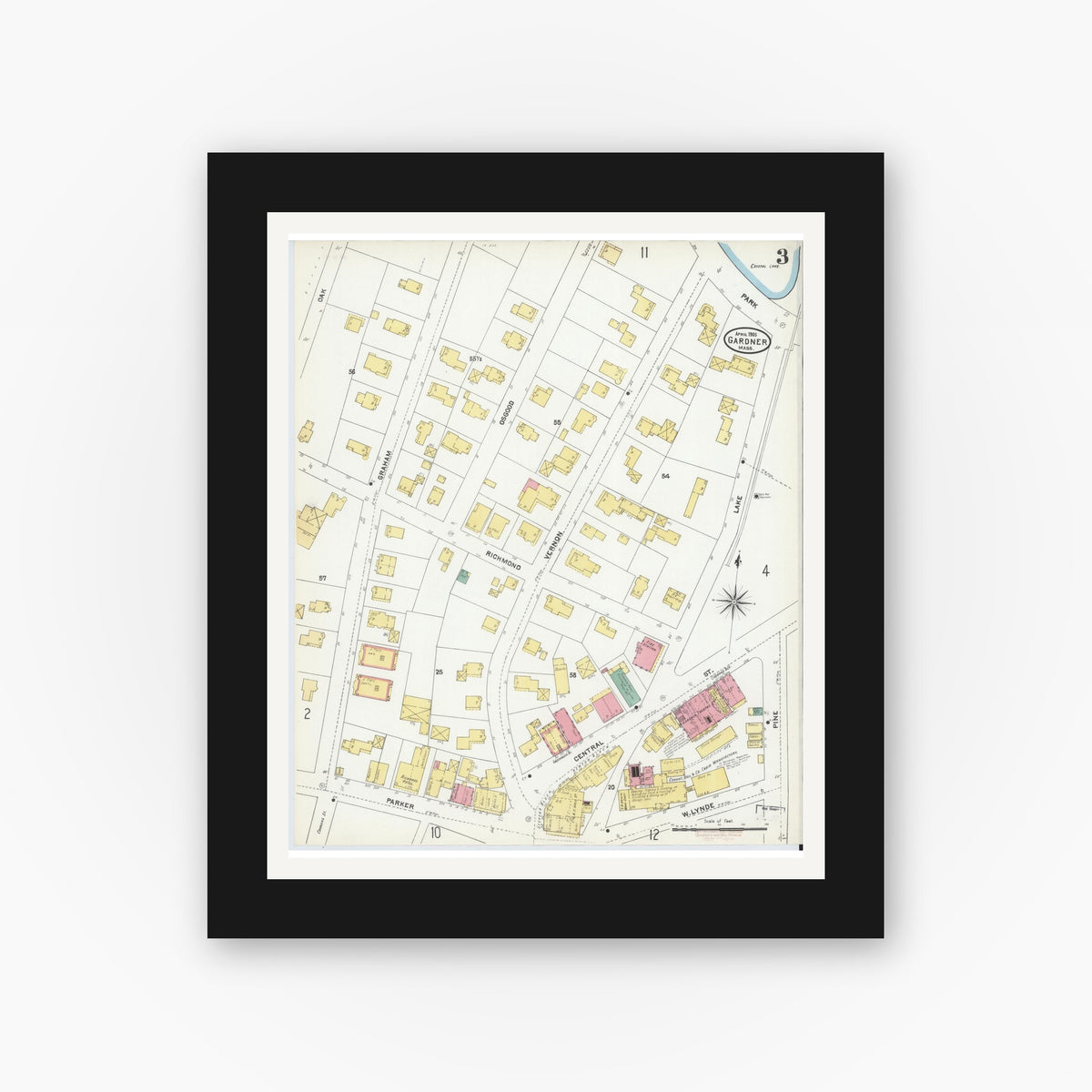 Old map wall art mockup — black gallery frame with white mat — Sanborn Fire Insurance Map from Gardner, Worcester County, Massachusetts (1905), Sheet #0003