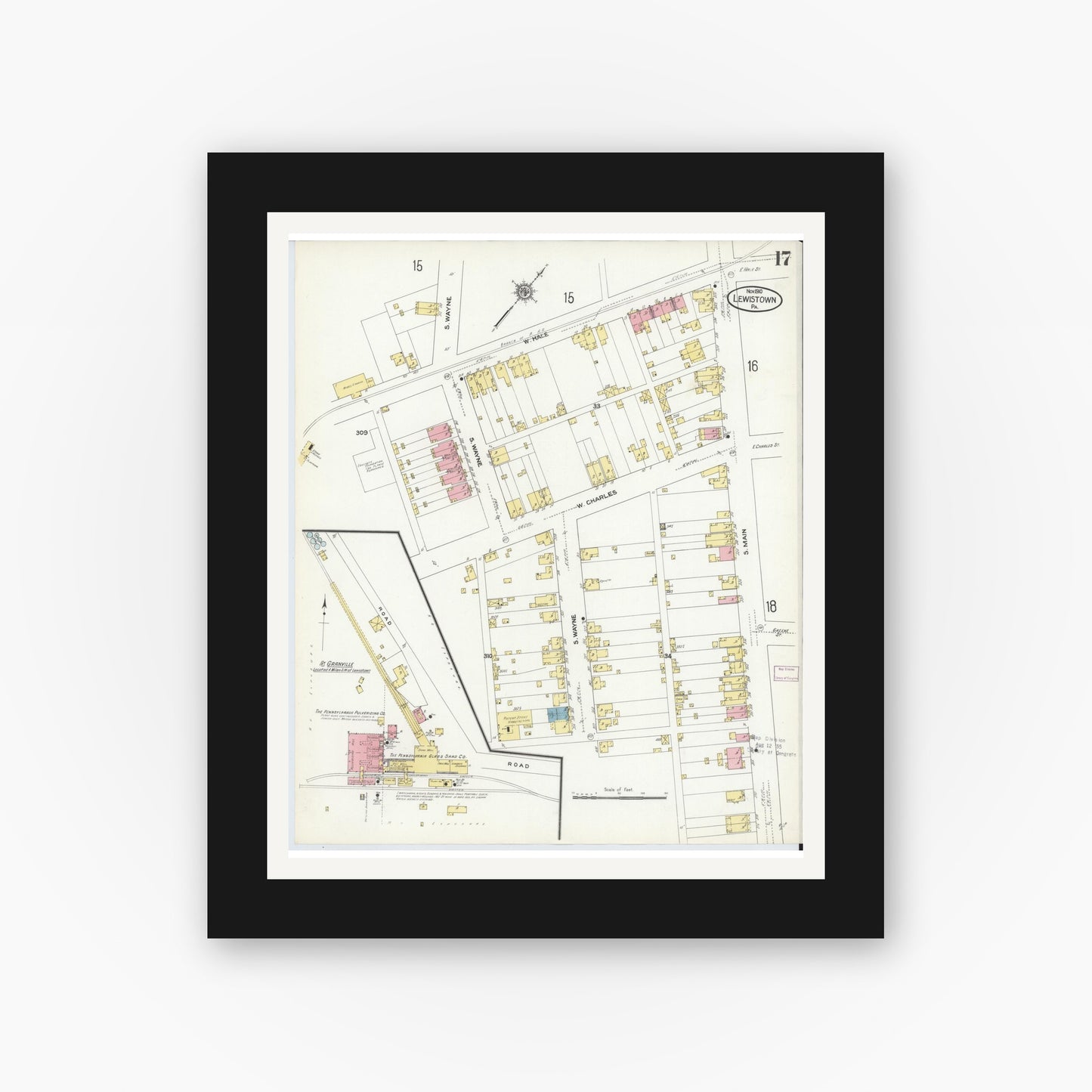 Old map wall art mockup — black gallery frame with white mat — Sanborn Fire Insurance Map from Lewistown, Mifflin County, Pennsylvania (1910), Sheet #0017