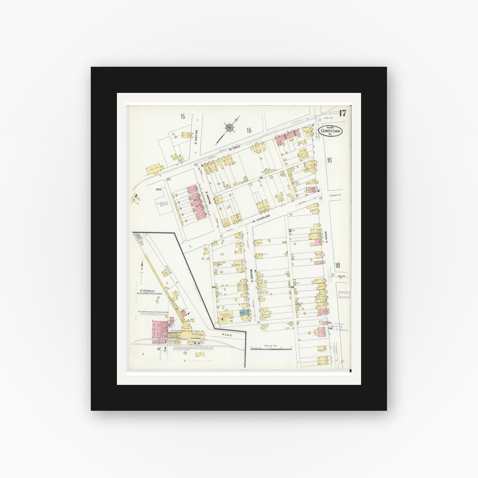 Old map wall art mockup — black gallery frame with white mat — Sanborn Fire Insurance Map from Lewistown, Mifflin County, Pennsylvania (1910), Sheet #0017