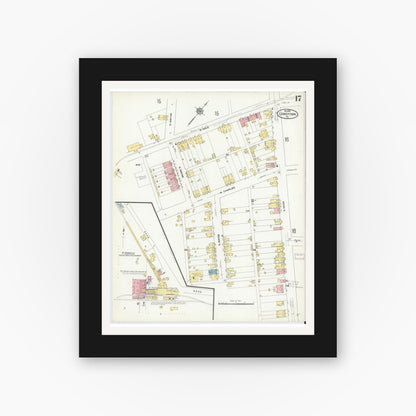 Old map wall art mockup — black gallery frame with white mat — Sanborn Fire Insurance Map from Lewistown, Mifflin County, Pennsylvania (1910), Sheet #0017