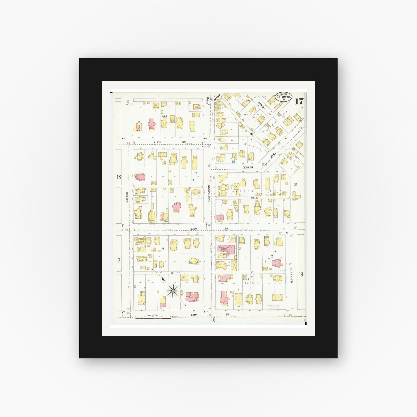 Old map wall art mockup — black gallery frame with white mat — Sanborn Fire Insurance Map from Ottumwa, Wapello County, Iowa (1902), Sheet #0017