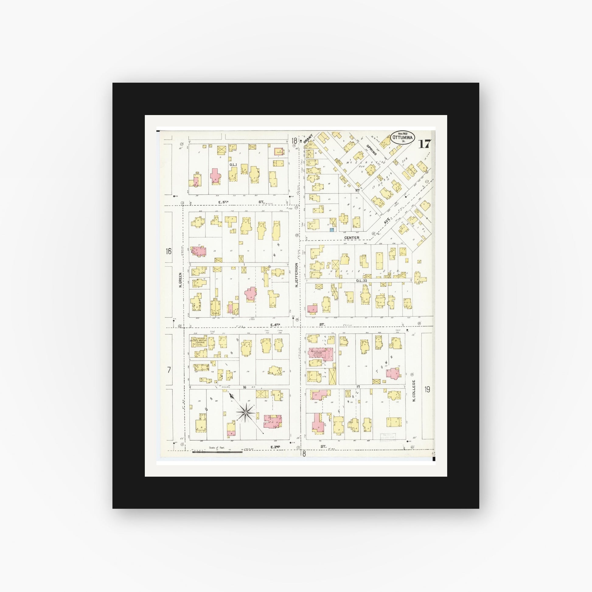 Old map wall art mockup — black gallery frame with white mat — Sanborn Fire Insurance Map from Ottumwa, Wapello County, Iowa (1902), Sheet #0017
