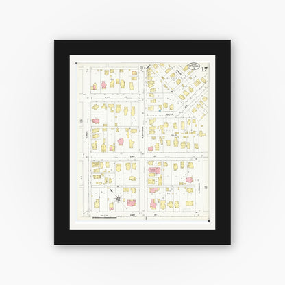 Old map wall art mockup — black gallery frame with white mat — Sanborn Fire Insurance Map from Ottumwa, Wapello County, Iowa (1902), Sheet #0017