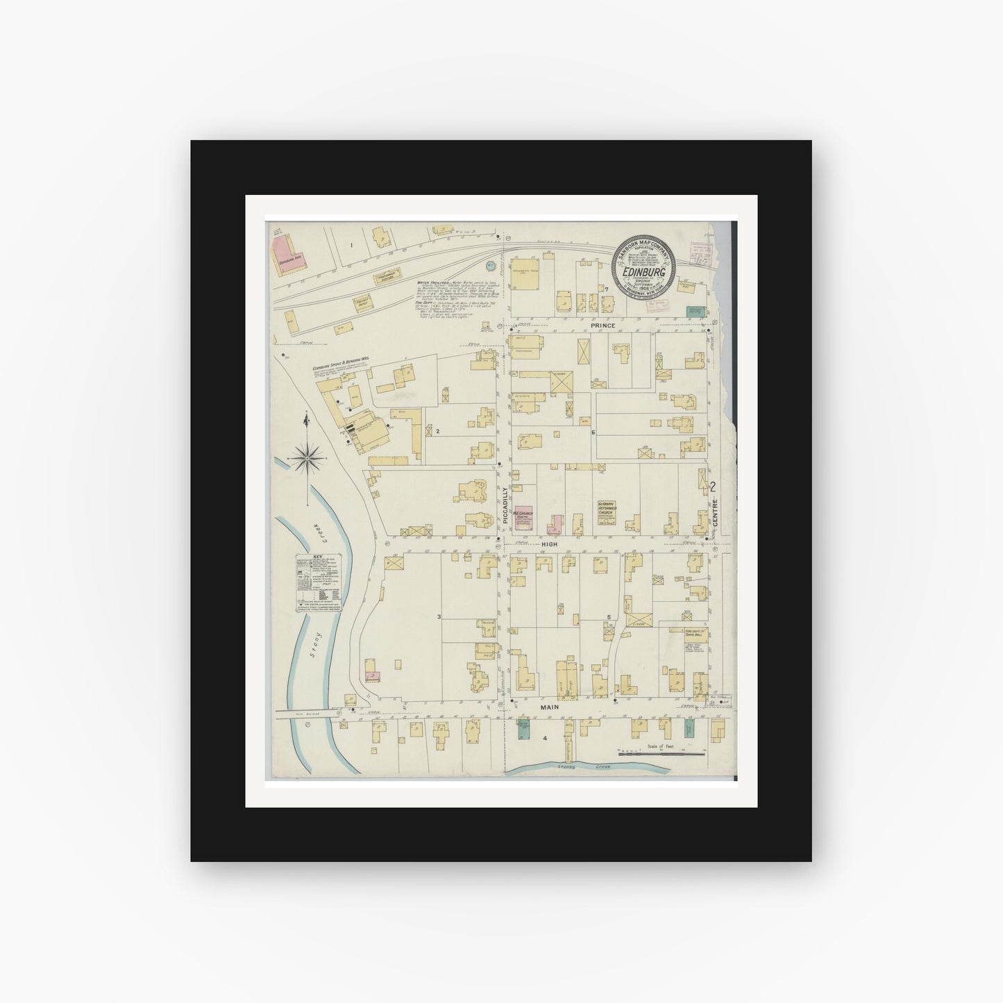 Old map wall art mockup — black gallery frame with white mat — Sanborn Fire Insurance Map from Edinburg, Shenandoah County, Virginia (1908) - Complete Map Set