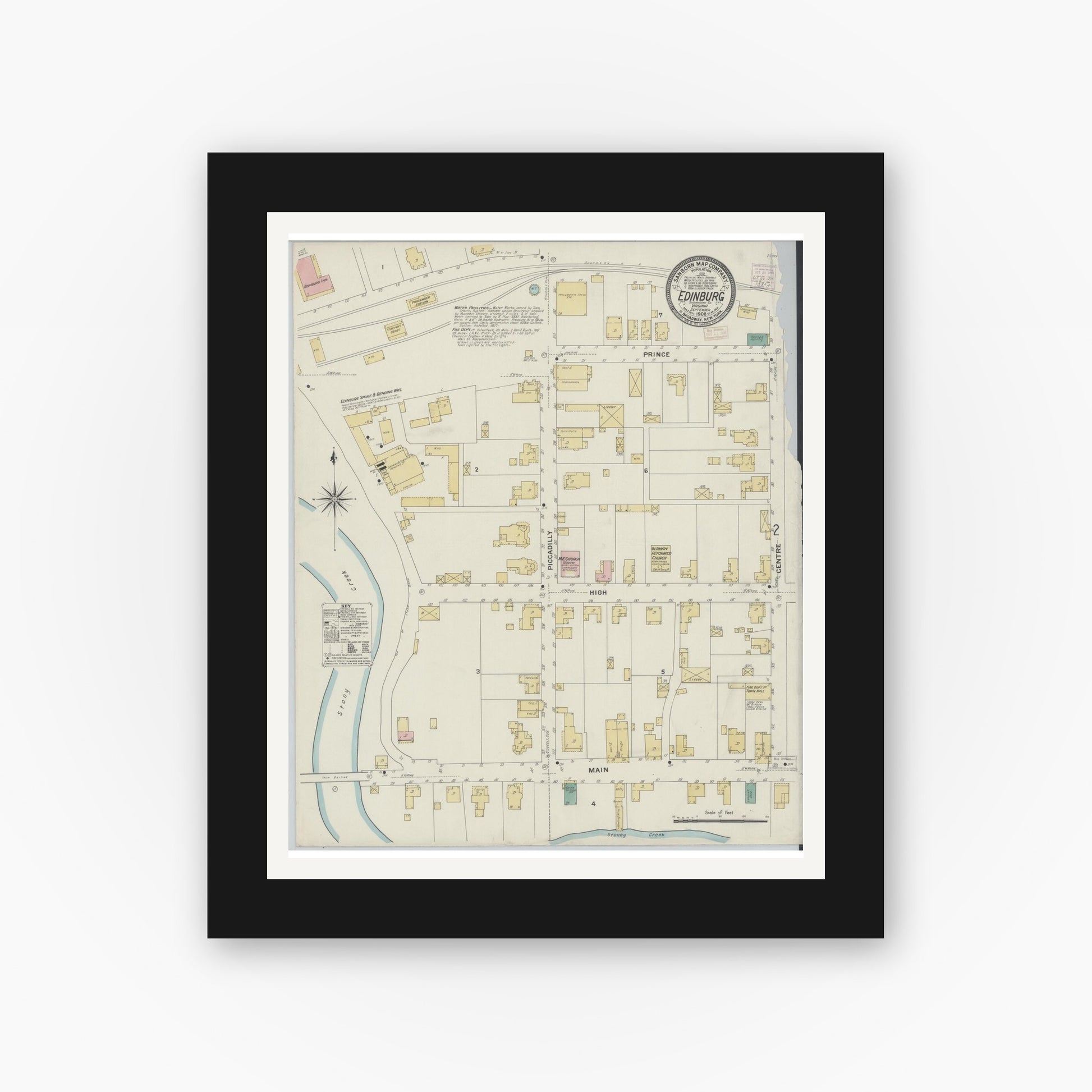 Old map wall art mockup — black gallery frame with white mat — Sanborn Fire Insurance Map from Edinburg, Shenandoah County, Virginia (1908) - Complete Map Set