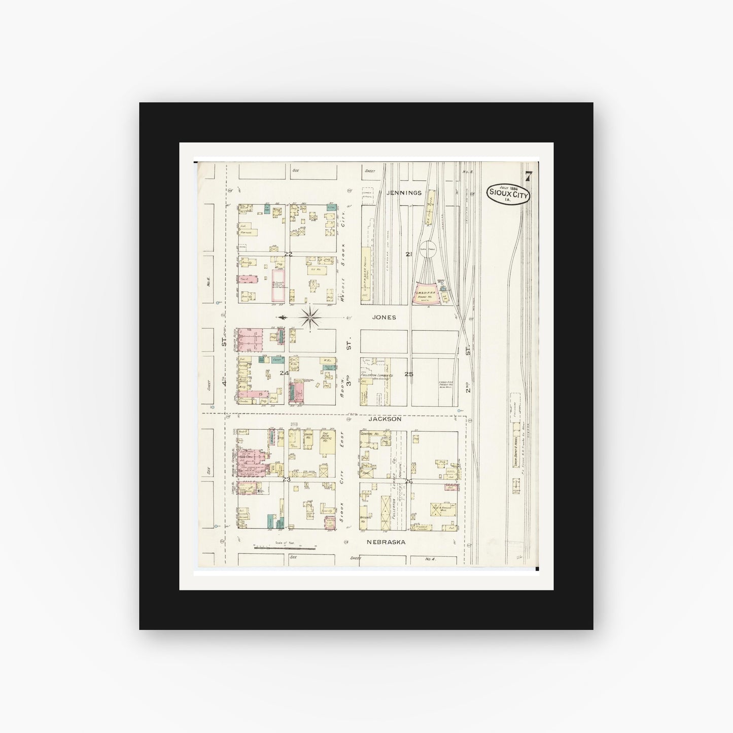 Old map wall art mockup — black gallery frame with white mat — Sanborn Fire Insurance Map from Sioux City, Woodbury County, Iowa (1886), Sheet #0007
