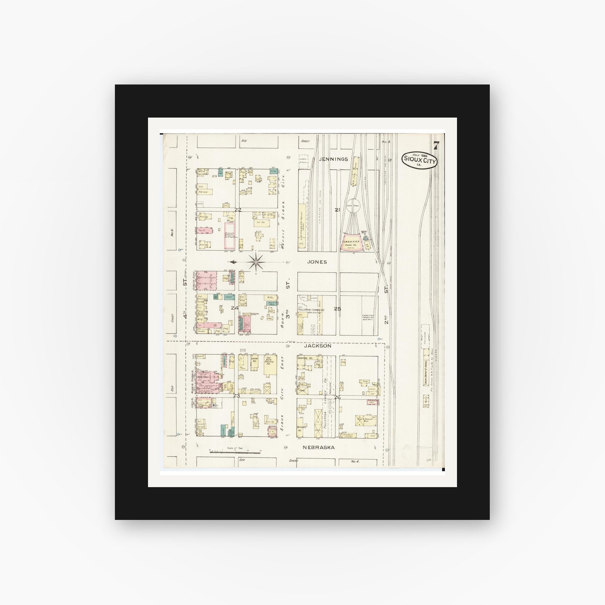 Old map wall art mockup — black gallery frame with white mat — Sanborn Fire Insurance Map from Sioux City, Woodbury County, Iowa (1886), Sheet #0007