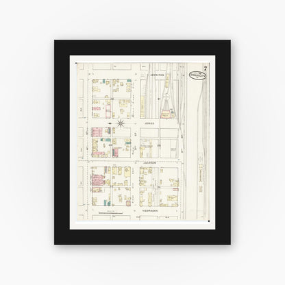 Old map wall art mockup — black gallery frame with white mat — Sanborn Fire Insurance Map from Sioux City, Woodbury County, Iowa (1886), Sheet #0007