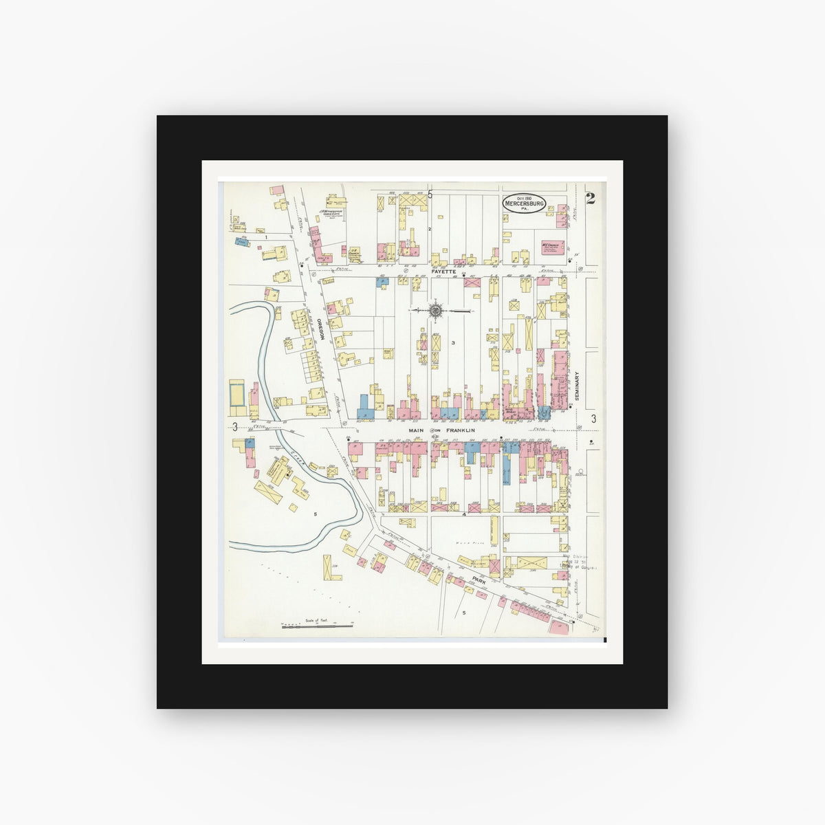 Old map wall art mockup — black gallery frame with white mat — Sanborn Fire Insurance Map from Mercersburg, Franklin County, Pennsylvania (1910), Sheet #0002