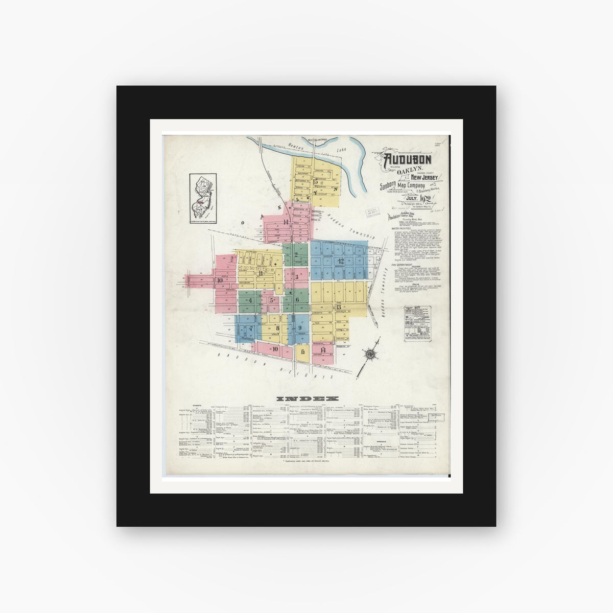 Old map wall art mockup — black gallery frame with white mat — Sanborn Fire Insurance Map from Audubon, Camden County, New Jersey (1920) - Complete Map Set