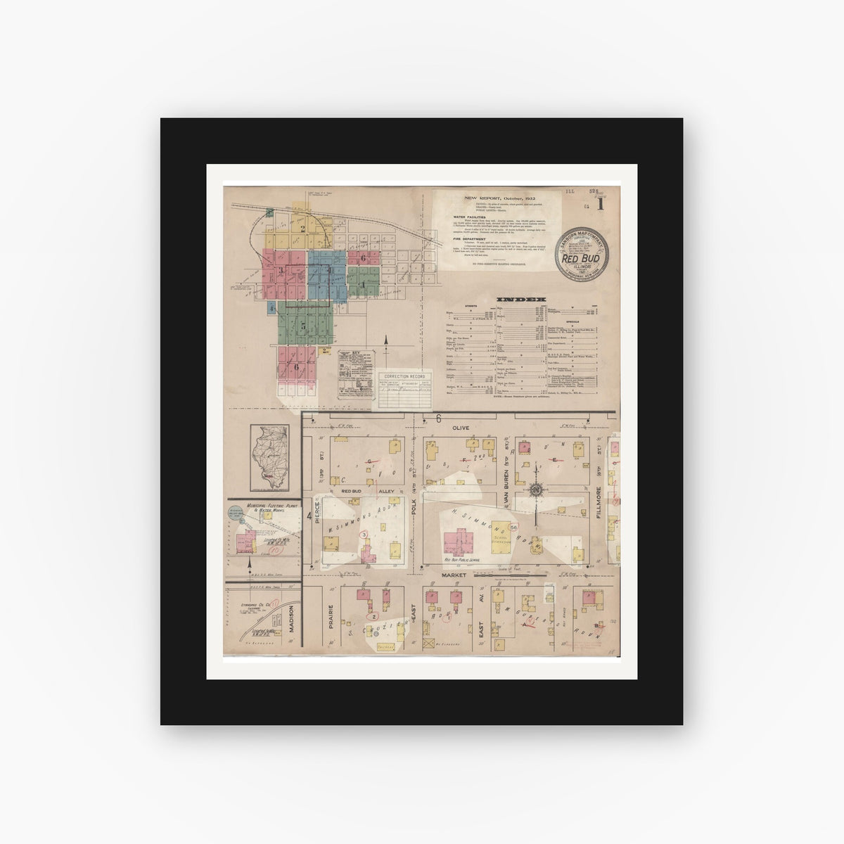 Old map wall art mockup — black gallery frame with white mat — Sanborn Fire Insurance Map from Red Bud, Randolph County, Illinois (1932), Sheet #0001