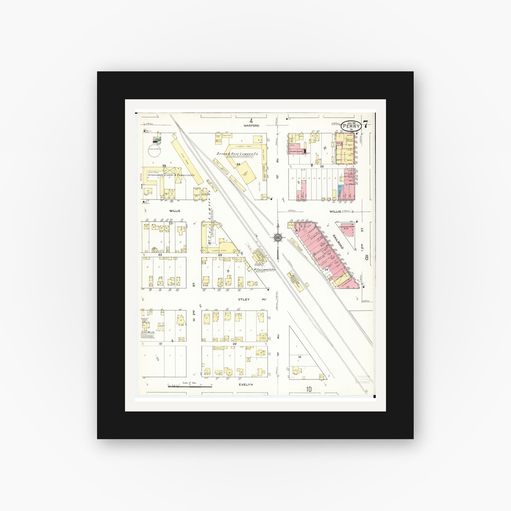 Old map wall art mockup — black gallery frame with white mat — Sanborn Fire Insurance Map from Perry, Dallas County, Iowa (1911), Sheet #0007