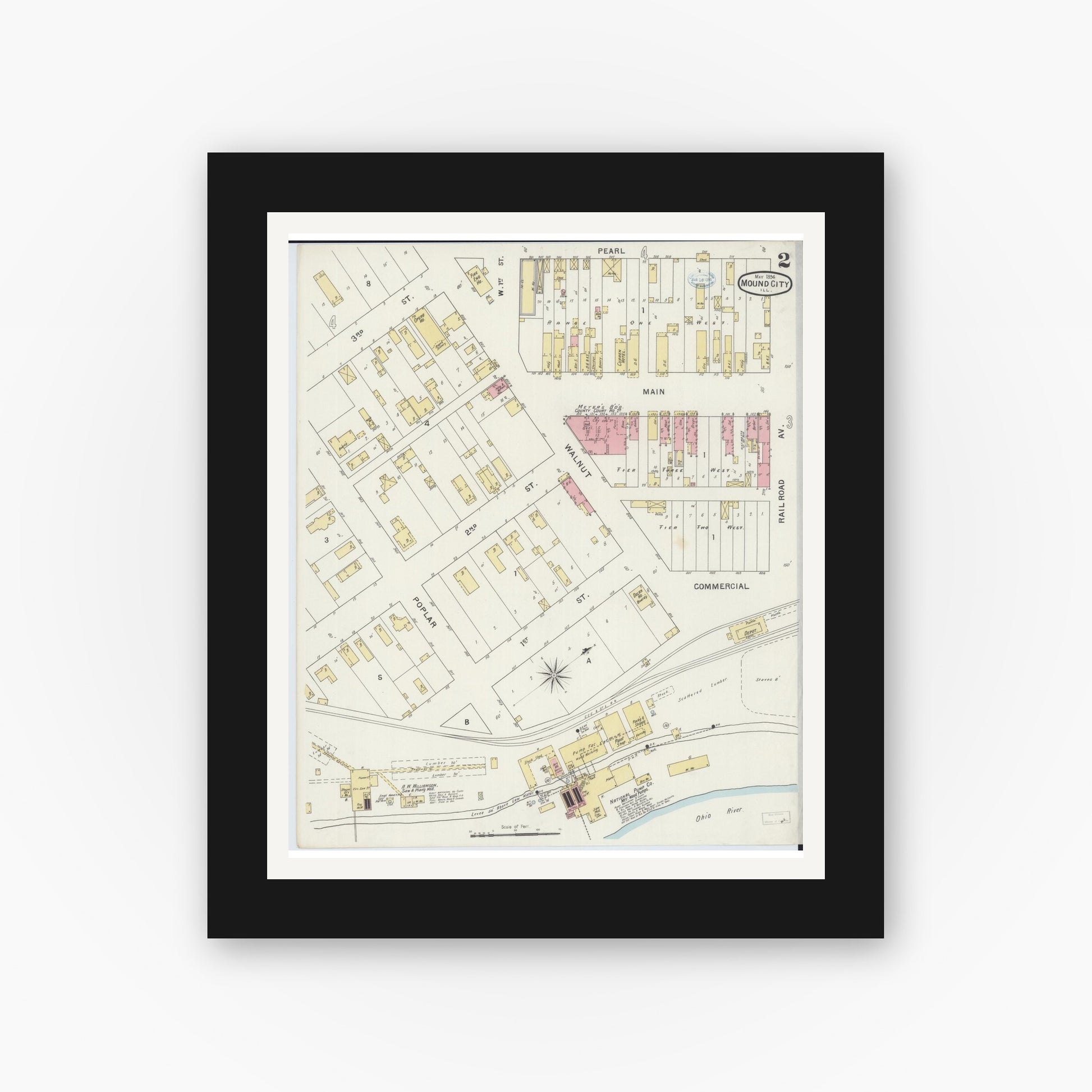 Old map wall art mockup — black gallery frame with white mat — Sanborn Fire Insurance Map from Mound City, Pulaski County, Illinois (1894), Sheet #0002