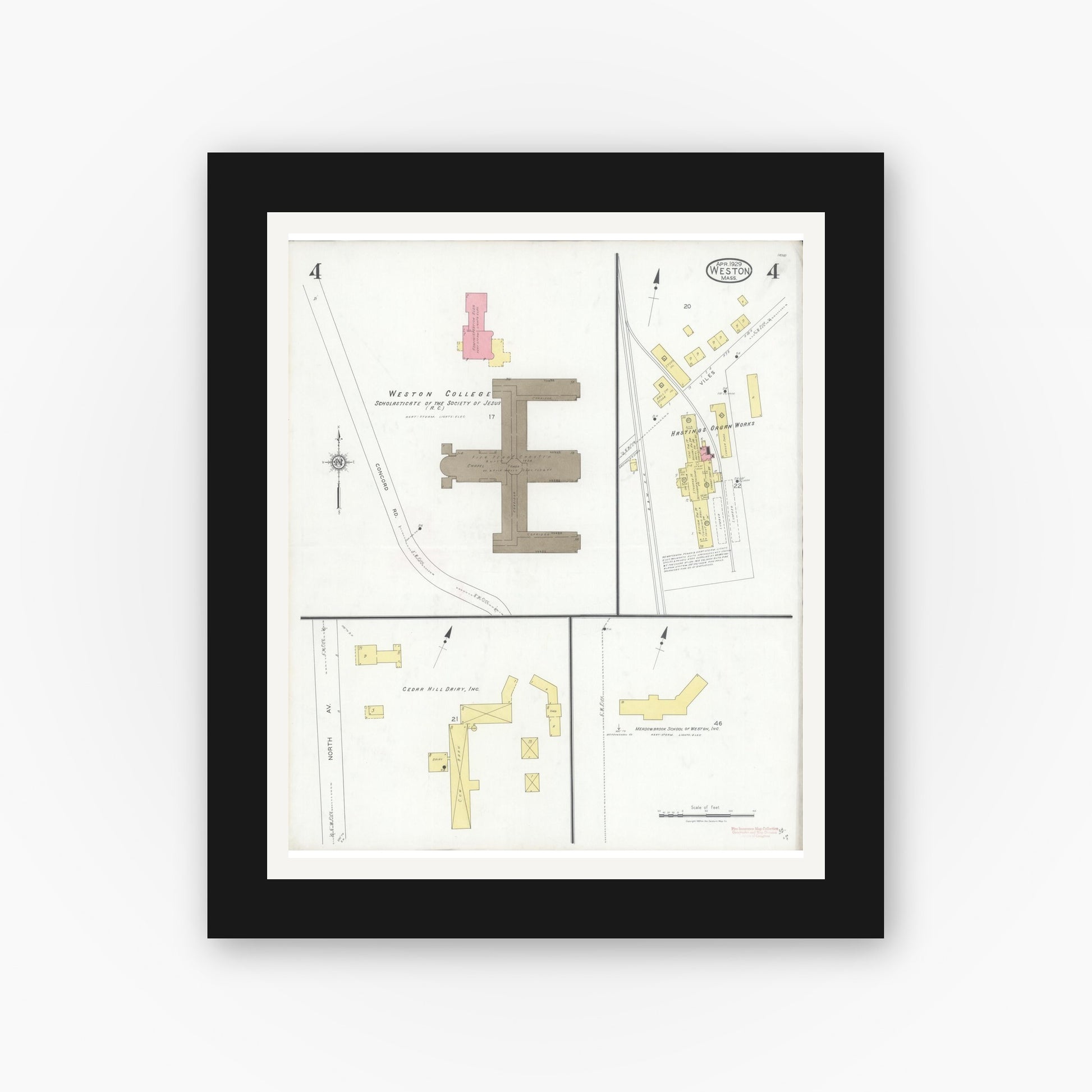 Old map wall art mockup — black gallery frame with white mat — Sanborn Fire Insurance Map from Weston, Middlesex County, Massachusetts (1929), Sheet #0004