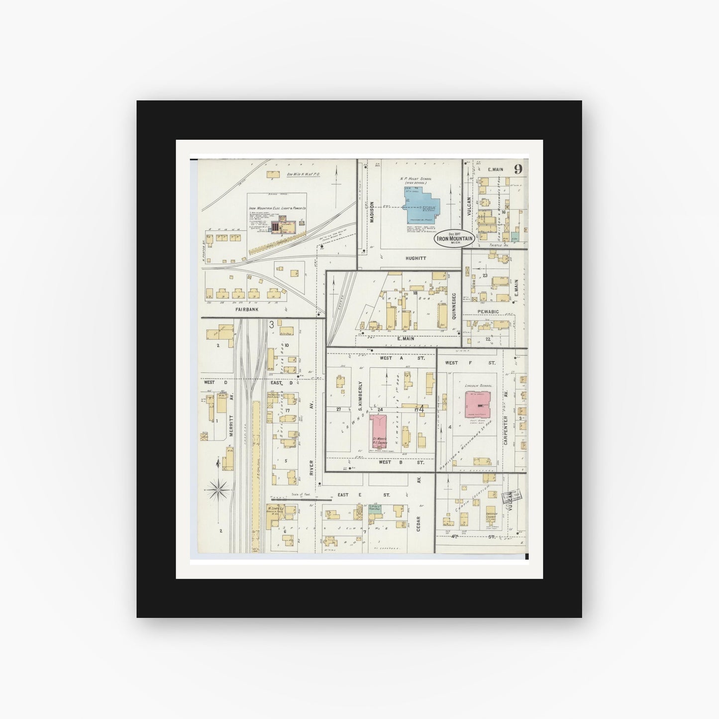 Old map wall art mockup — black gallery frame with white mat — Sanborn Fire Insurance Map from Iron Mountain, Dickinson County, Michigan (1897), Sheet #0009